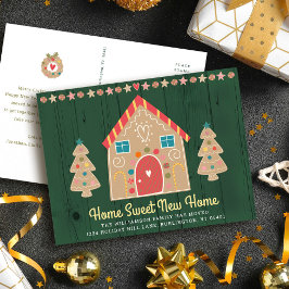 Postal De Anuncios Nueva Casa Jengibre Rústico Verde Fiesta Navideña