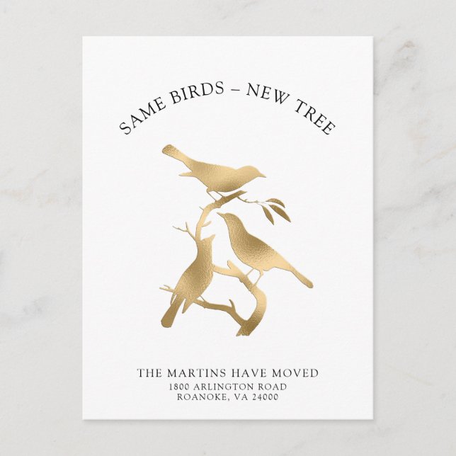 Postal De Anuncios Nueva dirección Aves metálicas de oro en movimient (Anverso)