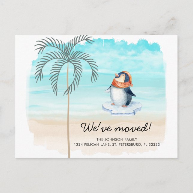 Postal De Anuncios Nueva Dirección Cute Penguin Playa Florida Mudanza (Anverso)