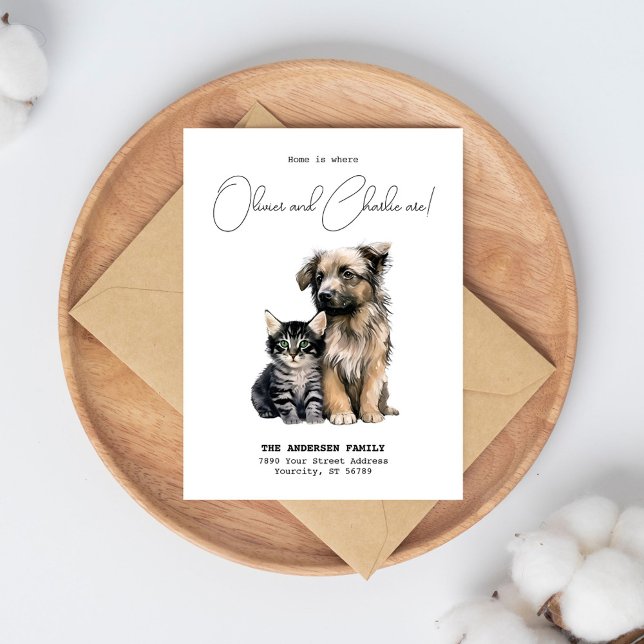Postal De Anuncios Nueva dirección de casa Gato Perro Acuarela Mudanz (New Home Address Cat Dog Watercolor Moving Announcement Postcard)
