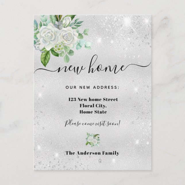 Postal De Anuncios Nueva dirección de casa polvo de brillo floral pla (Anverso)