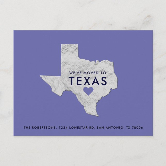 Postal De Anuncios Nueva dirección del mapa de Texas plateado metálic (Anverso)