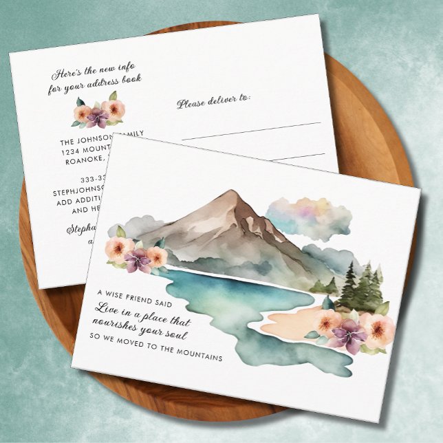 Postal De Anuncios Nueva Dirección Montañas Acuarela en Movimiento (New Address Watercolor Mountains Motivational Quote Floral Moving Announcement Postcard)