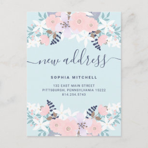Postal De Anuncios Nueva dirección   Movimiento floral de pastel azul