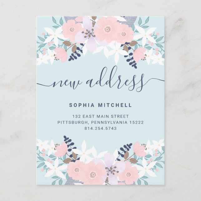 Postal De Anuncios Nueva dirección | Movimiento floral de pastel azul (Anverso)