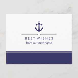 Postal De Anuncios Nueva dirección náutica Navy y Blanco con Ancla