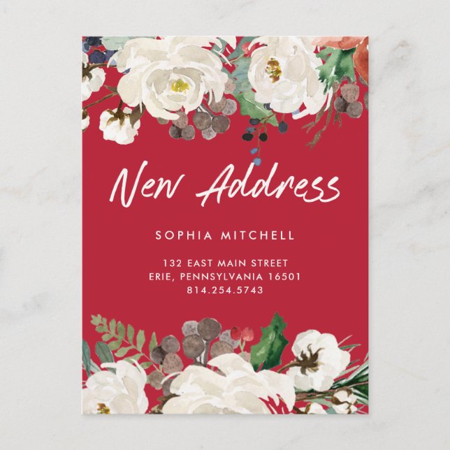 Postal De Anuncios Nueva dirección| Navidades Festividad Red Floral e (Anverso)