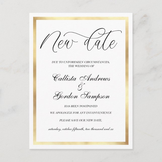Postal De Anuncios Nueva fecha límite de oro blanco Boda pospuesto (Anverso)
