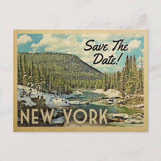 Postal De Anuncios Nueva York Reservar La Fecha Montañas Río Nieve (Anverso)
