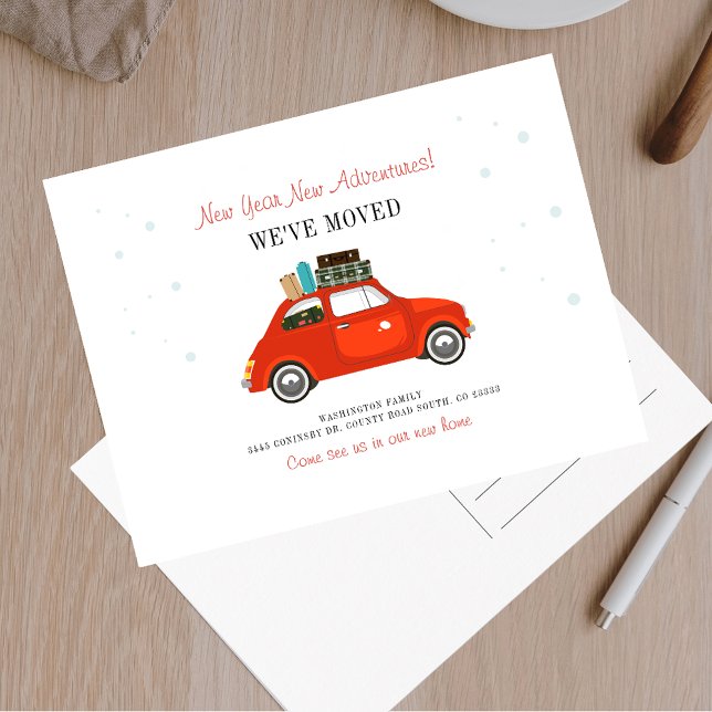 Postal De Anuncios Nuevo año aventuras Nueva dirección en movimiento (Modern New Year Adventures Red Car Moving Announcement)