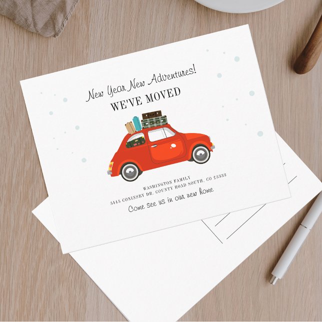 Postal De Anuncios Nuevo año aventuras Nueva dirección en movimiento (New Year Adventure Red Car Moving Announcement)
