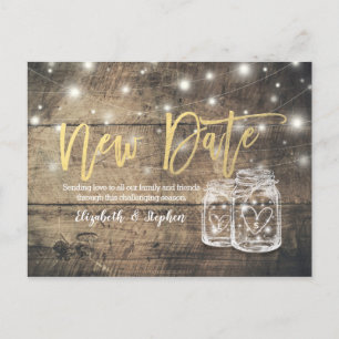 Postal De Anuncios Nuevo Boda de fecha postposición Mason Jar Wood Li