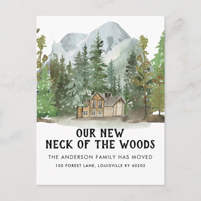 Postal De Anuncios Nuevo cuello de la dirección de Woods Hogar movido (Anverso)