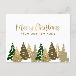Postal De Anuncios Nuevo hogar Árboles de Navidad Dorado Fiesta Verde
