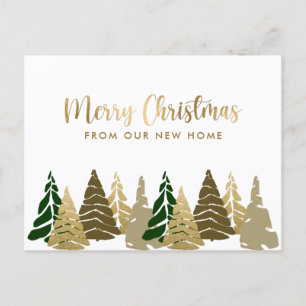 Postal De Anuncios Nuevo hogar Árboles de Navidad Dorado Fiesta Verde