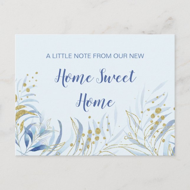 Postal De Anuncios Nuevo Hogar Dulce Hogar Acuarela Azul Foliaje Muda (Anverso)