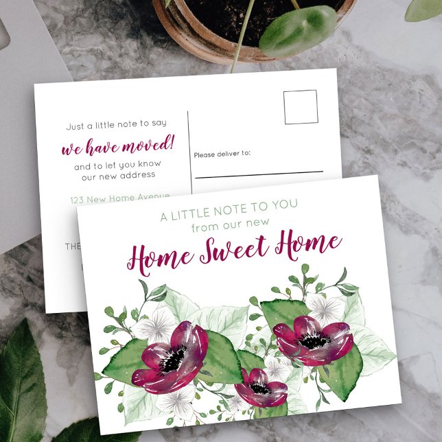 Postal De Anuncios Nuevo Hogar Dulce Hogar Acuarela Floral Mudanza (New Address postcard from your new home sweet home)