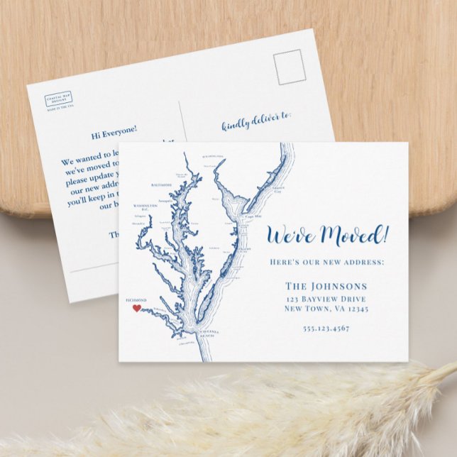 Postal De Anuncios Nuevo hogar Mapa de Virginia en movimiento (Richmond Virgina Map Moving announcement New Home Postcard by Coastal Map Designs)