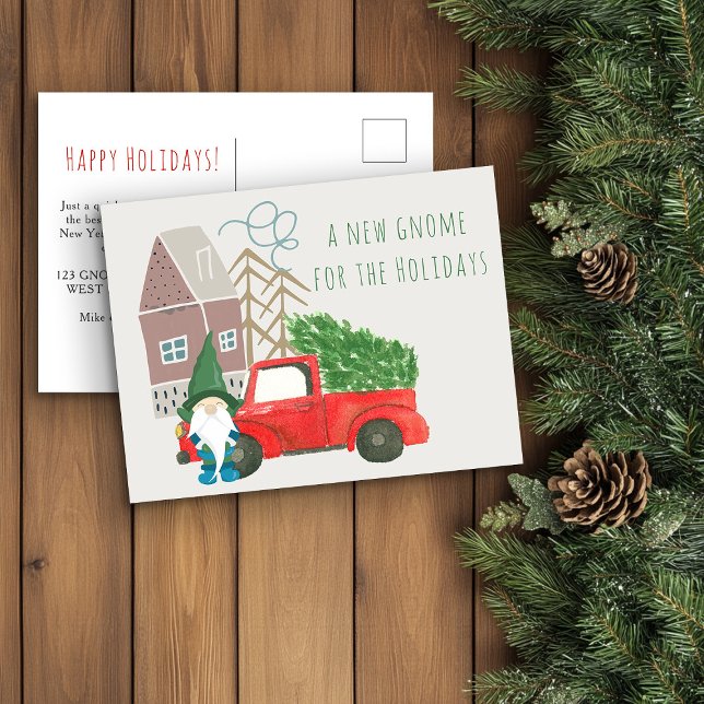 Postal De Anuncios Nuevo hogar para los Gnome y Camión de vacaciones  (Funny Gnome New Home Christmas Card from Holiday Moving Announcements Collection by Darling & May)