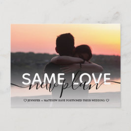 Postal De Anuncios Nuevo plan tipografía moderna boda cambio de fecha