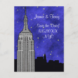 Postal De Anuncios NYC ESB Skyline Silhouette Blue Starry Save Date
