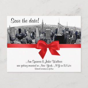 Postal De Anuncios NYC Etched Fisheye Skyline BW Red Save the Date