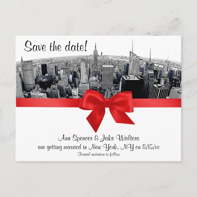 Postal De Anuncios NYC Etched Fisheye Skyline BW Red Save the Date (Anverso)