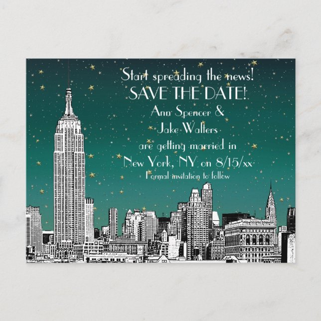 Postal De Anuncios NYC Skyline 01 Grabación Verde azulada grabada Gua (Anverso)