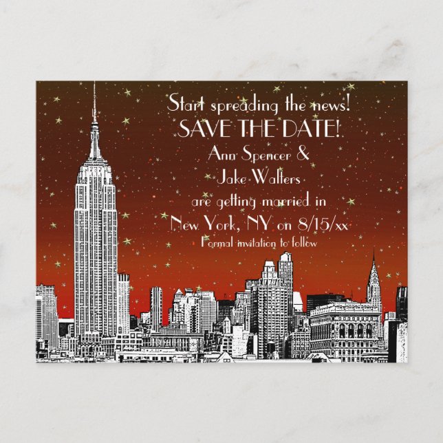 Postal De Anuncios NYC Skyline 01 Red Starry grabada Guardar la fecha (Anverso)