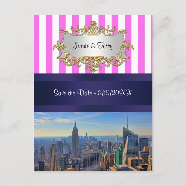 Postal De Anuncios NYC Skyline B2 Banda blanca rosada Guardar fecha (Anverso)