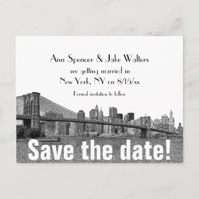 Postal De Anuncios NYC Skyline Bklyn Bridge Etched Save the Date (Anverso)