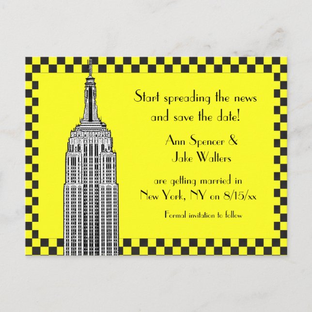 Postal De Anuncios NYC Skyline Etched ESB Checkrd Taxrd Save Date (Anverso)