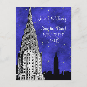 Postal De Anuncios NYC Skyline Silhouette Blue Starry Save the Date 2
