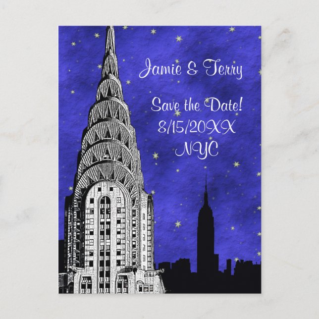 Postal De Anuncios NYC Skyline Silhouette Blue Starry Save the Date 2 (Anverso)