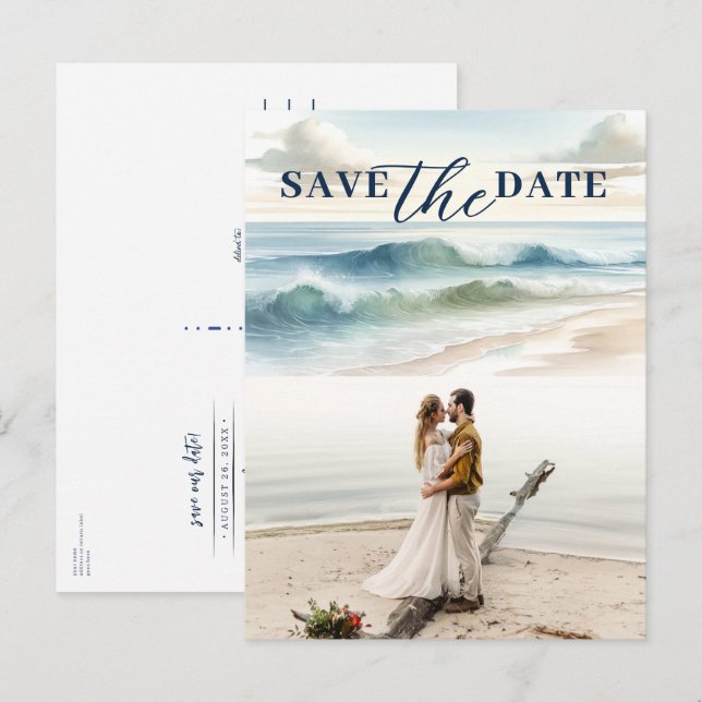 Postal De Anuncios Olas de playa de acuarela Costero Save the Date  (Anverso / Reverso)