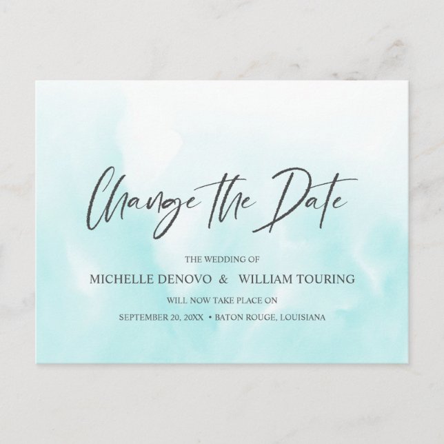 Postal De Anuncios Ombre Azul Elegante Manuscrito Cambiar la fecha (Anverso)