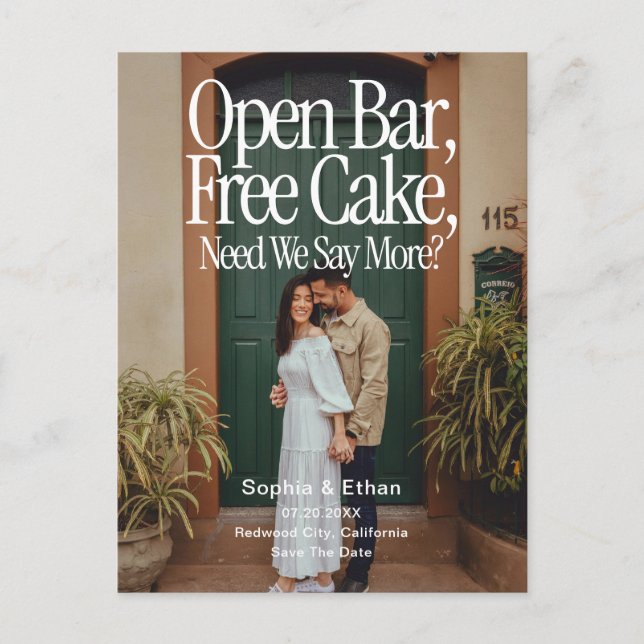 Postal De Anuncios Open Bar Free Cake Photo Retro Save The Date (Anverso)