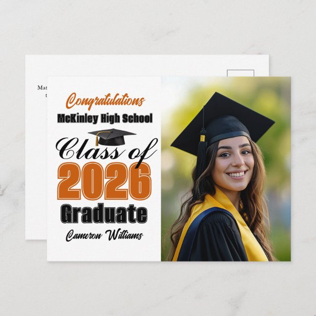 Postal De Anuncios Orange Class of 2026 Graduate Photo Graduation (Anverso / Reverso)