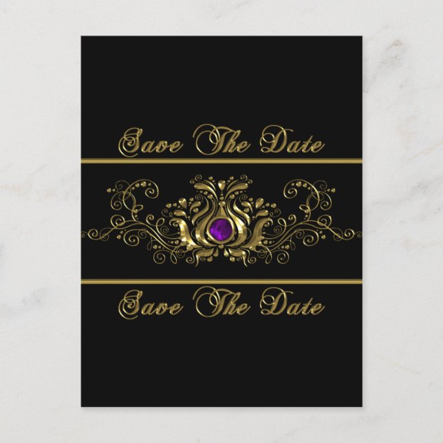 Postal De Anuncios Ornate Gold Swirls Purple Jewel Guardar La Fecha (Anverso)