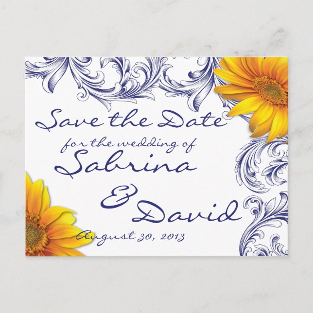 Postal De Anuncios Ornate Royal Blue Yellow Sunflower Guardar la fech (Anverso)