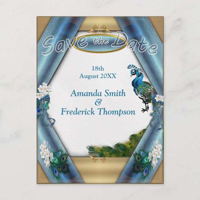 Postal De Anuncios Oro, 2 Pavos Reales, Plumas sobre Seda Verde Esmer (Anverso)