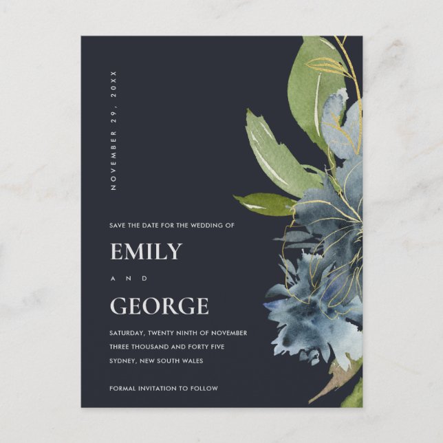 POSTAL DE ANUNCIOS ORO AZUL MARINA FLORAL ACUARELA GUARDE LA FECHA (Anverso)