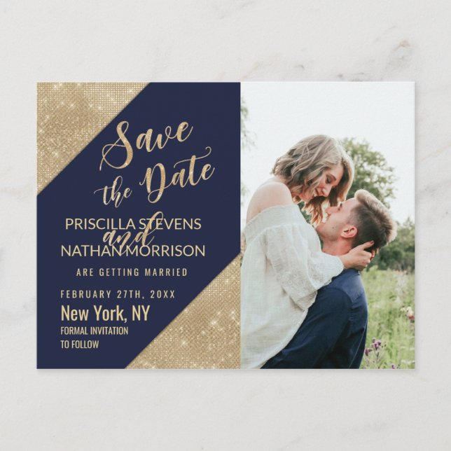 Postal De Anuncios Oro Azul Marino Lentejuelas de Purpurina Falsa Res (Anverso)