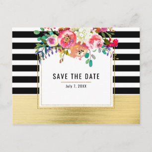 Postal De Anuncios Oro Blanco Moderno Floral Glam Salva la Fecha