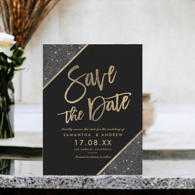 Postal De Anuncios Oro brillo guión negro salvar la fecha (Gold glitter script black save the date announcement postcard)