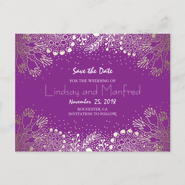 Postal De Anuncios Oro Floral - Wonderland Purple Save the Date (Anverso)