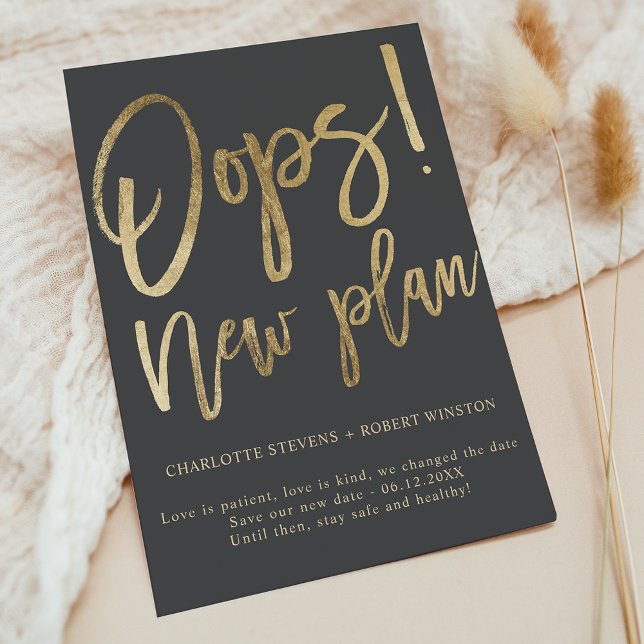 Postal De Anuncios Oro gris nuevo plan de boda cambiar la fecha (Gold gray new plan wedding change the date announcement postcard)