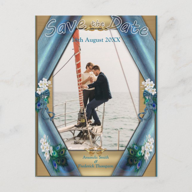 Postal De Anuncios Oro, plumas de pavo real sobre seda verde esmerald (Anverso)