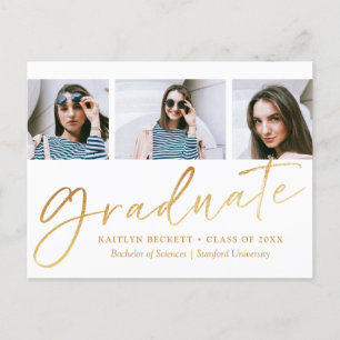 Postal De Anuncios Oro Tendencia Script Foil 3 Foto Graduación