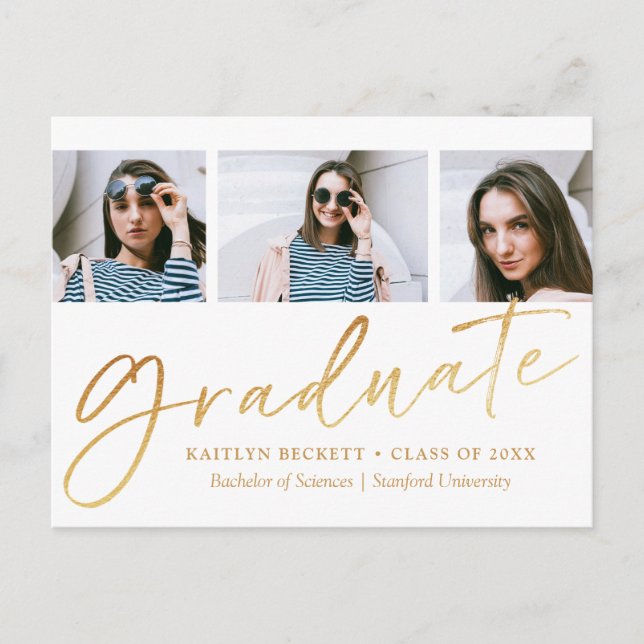 Postal De Anuncios Oro Tendencia Script Foil 3 Foto Graduación (Anverso)